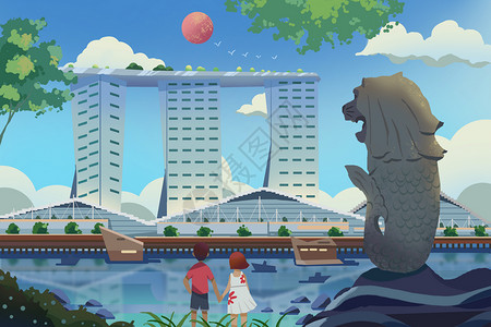 金沙特效暑假世界旅游新加坡狮子鱼金沙酒店插画