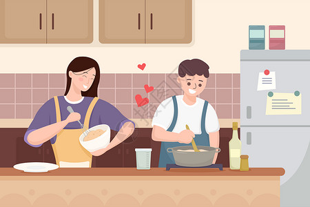 冰箱厨具情人一起做饭居家插画插画