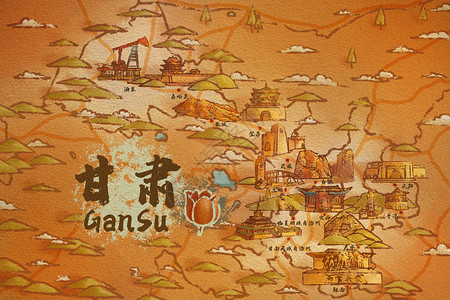 甘肃省旅游插画地图背景图片