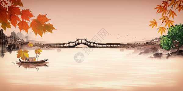 中式秋天背景背景图片