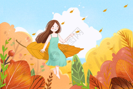 秋天散步秋天坐在树叶上起飞的女孩GIF高清图片