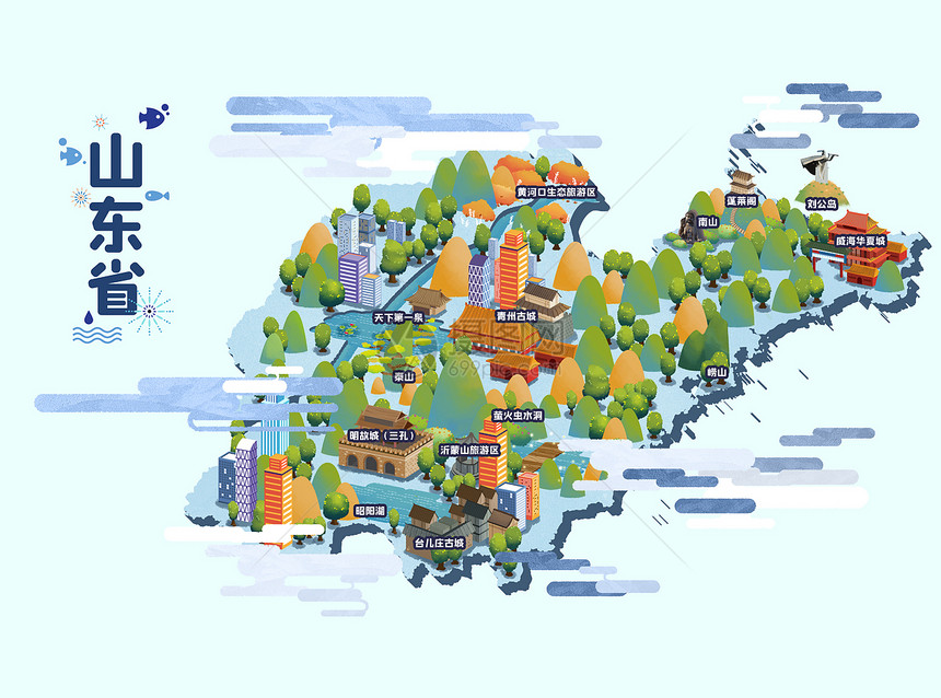山东省旅游地图插画图片