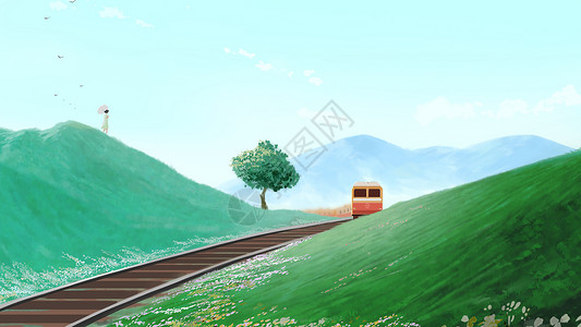 草原秋天夏天驶来的火车插画