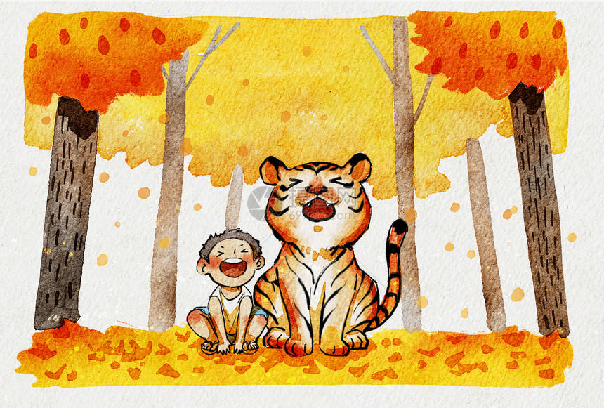 秋天秋老虎和小男孩水彩画图片