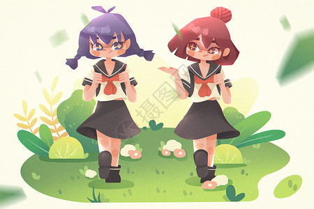上学女学生开学季两个女学生在上学的路上闲聊插画