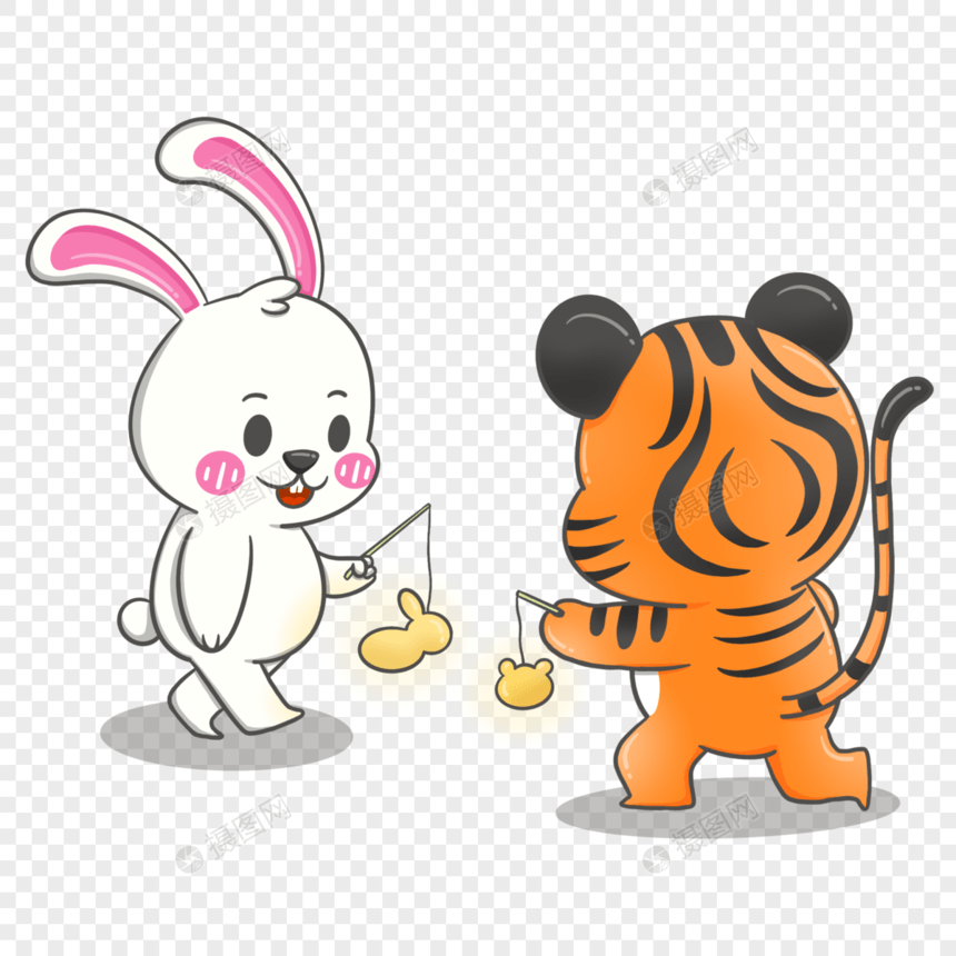 中秋佳节玩灯笼的老虎与兔子图片