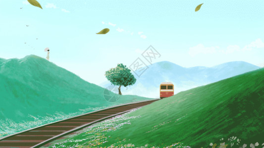 草原秋天夏天驶来的火车GIF高清图片