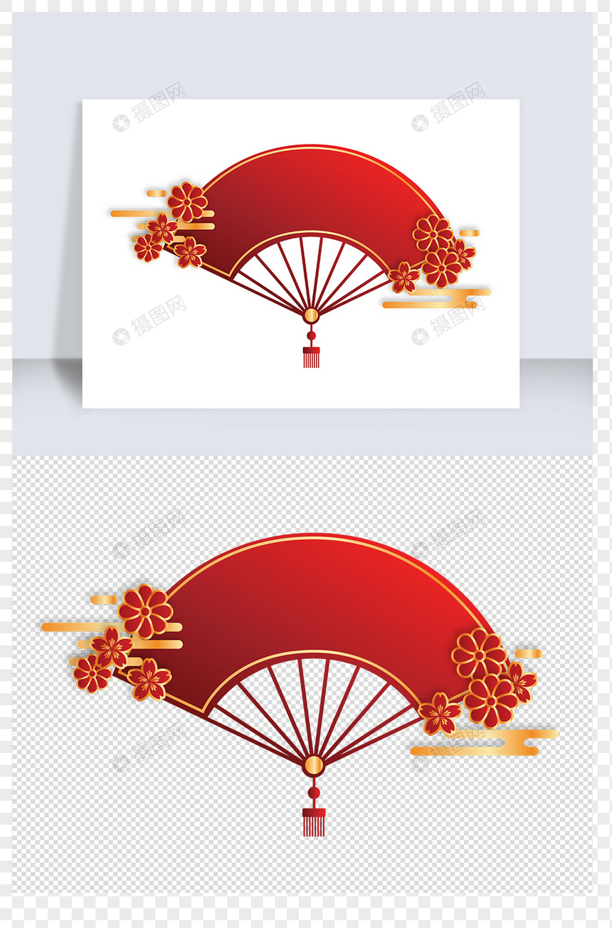 红色喜庆大气新春春节扇子花朵元素图片