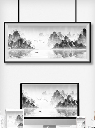 水墨自然手绘中国风黑白意境水墨山水风景画模板