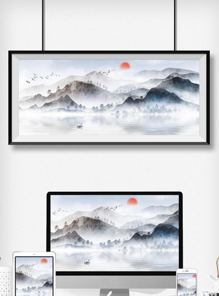 古风水手绘中国风意境水墨山水画新中式背景插画模板