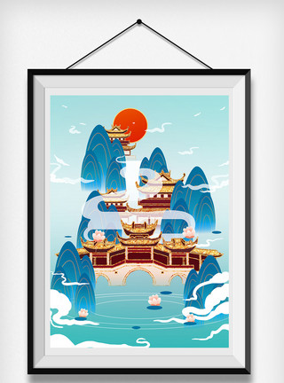 江苏苏州拙政园风景蓝金色中国风苏州园林建筑插画模板