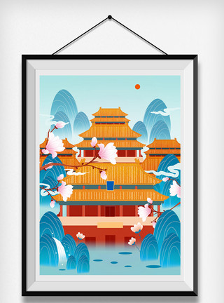 金色线描龙虾金色鎏金中国风北京建筑风景插画模板