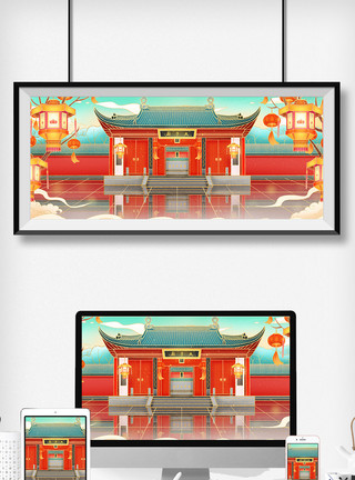 江苏泰州国潮南京夫子庙建筑地标插画模板