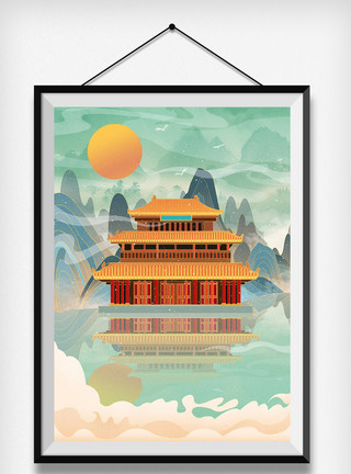 中国古风建筑中国风国潮古风山水建筑插画模板