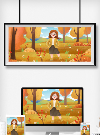 散步的女孩秋天在树林摘花的女孩模板