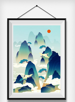 中国水彩中国风山水风景插画模板
