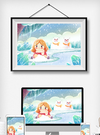 玩风车小女孩小雪场景唯美插画小女孩玩雪堆雪人场景模板