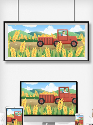 收割小麦农民芒种开在田野的拖拉机插画模板