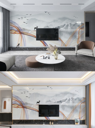 室内效果图简约新中式传统装饰金色简约背景墙模板