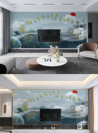 国画花和蝴蝶新中式传统装饰金色简约背景墙模板