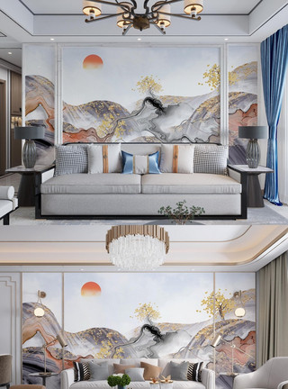 室内空间素材山水中国风背景墙装饰模板