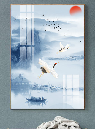 ps素材室内新中式山水中国风祥云仙鹤喜鹊装饰画模板