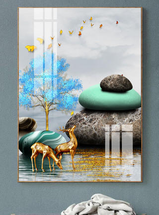 拜县树屋酒店现代抽象意境风景山水艺术创意金箔装饰画模板