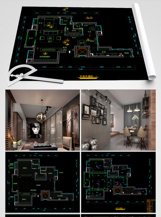 家装施工CAD图纸北欧三室两厅5张无水印效果图施工图模板