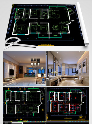 家装施工CAD图纸现代简约-200㎡大平层三室两厅施工图纸+5张效果图模板