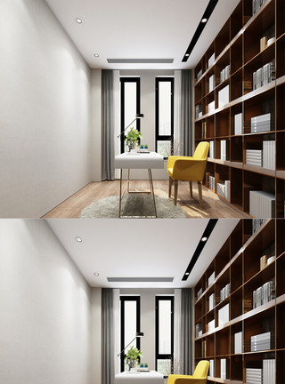 书模型现代简约书房空间设计模板