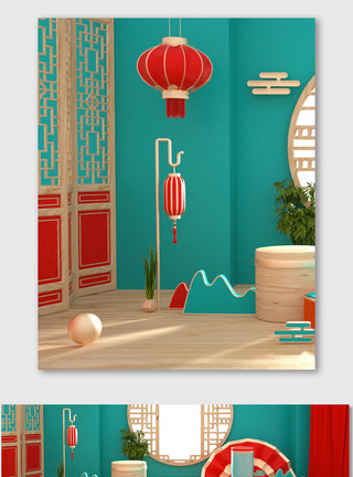 帘子图片红绿色C4D古典海报背景节日活动电商促销模板