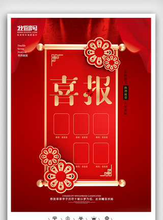 地产喜报创意中国风红色系金榜题名喜报户外海报模板