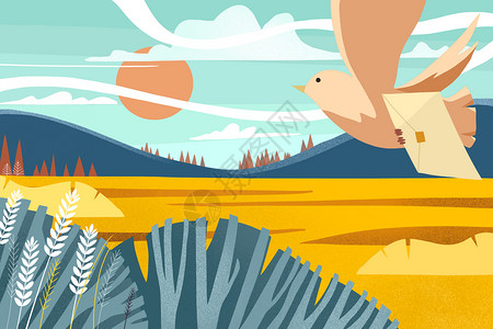 平原风景飞往秋天的信鸽插画