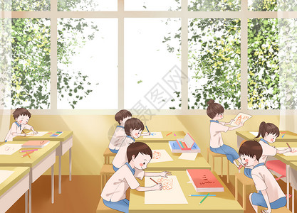 画画教室开学季教室里的小学生插画