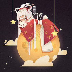 中秋节嫦娥抱着玉兔趴在月亮上图片