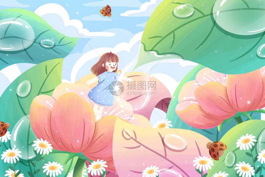 白露节气花丛女孩露水插画图片