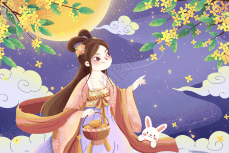 手绘月饼和茶水八月十五中秋节手绘嫦娥GIF高清图片
