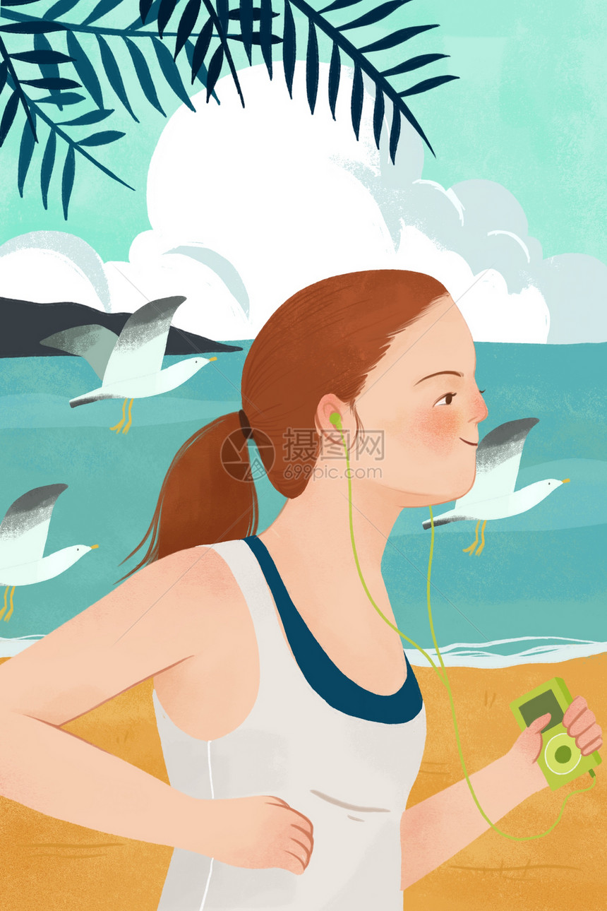 女孩听着歌沿着沙滩晨跑图片