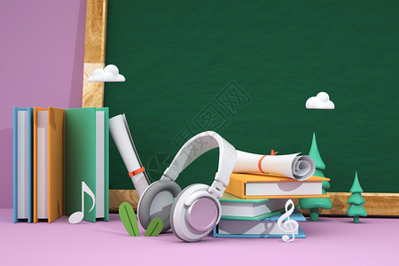 卡通耳机3D教育背景设计图片