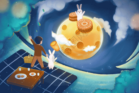 拿月饼的男孩男孩和兔子过中秋节GIF高清图片