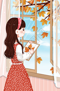 两个女孩在画画在窗边画枫叶的女孩插画