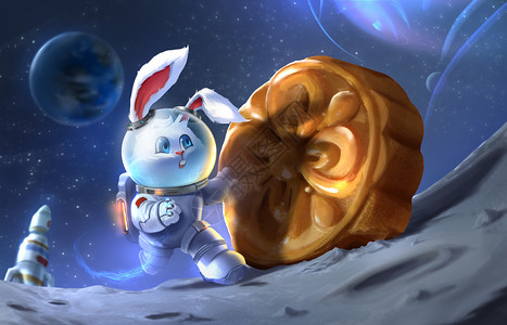 中秋月球背景中秋节宇航员兔子与月饼插画