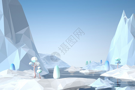 卡通雪山3D冬季雪山场景设计图片