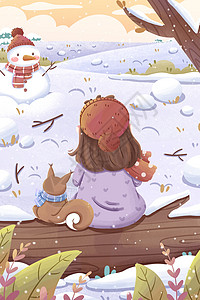唯美清新冬天女孩插画松鼠高清图片素材