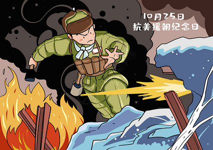 军人漫画卡通版抗美援朝纪念日插画