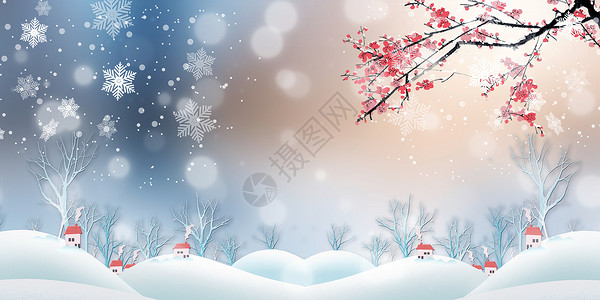 盛开积雪樱花冬天背景设计图片