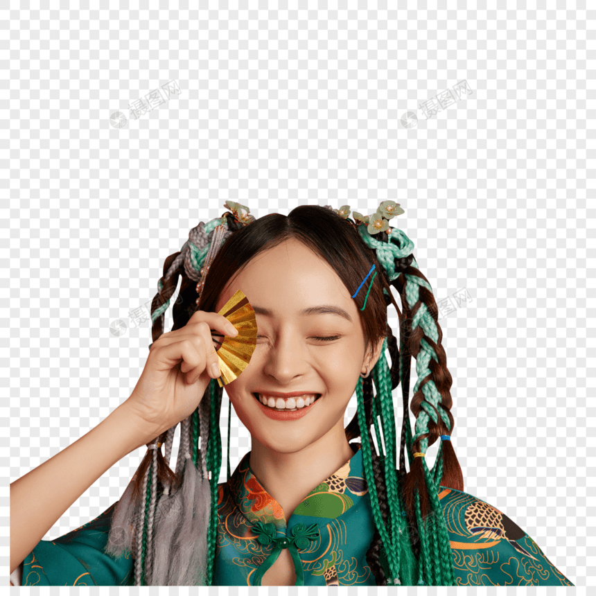 手拿小金扇子挡眼的国潮美女图片