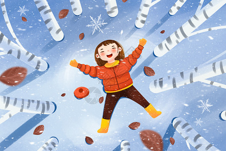 冬季游旅游海报小雪森林躺在雪地里玩耍的小女孩插画