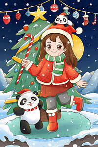 手绘水彩圣诞女孩和熊猫插画高清图片