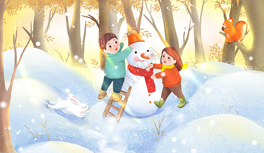 阳光洒在树林里在树林里堆雪人的儿童插画